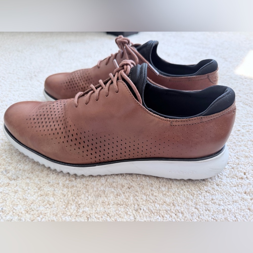 Cole Haan Brown Leather Perforated Lace-Up Sneakers with White Sole